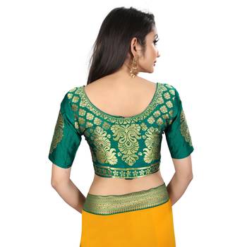 Yellow printed chiffon saree with blouse 8