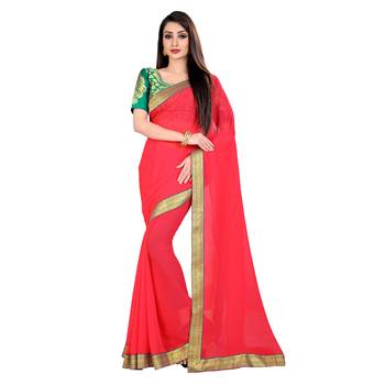 Pink printed chiffon saree with blouse 1