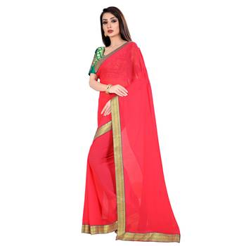 Pink printed chiffon saree with blouse 2