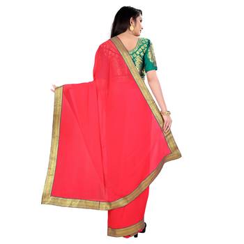 Pink printed chiffon saree with blouse 3