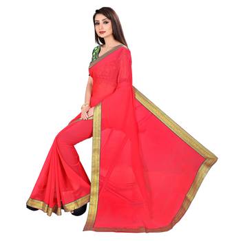 Pink printed chiffon saree with blouse 4