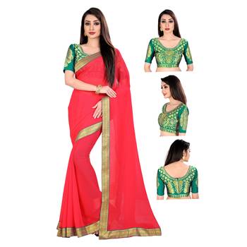 Pink printed chiffon saree with blouse 5