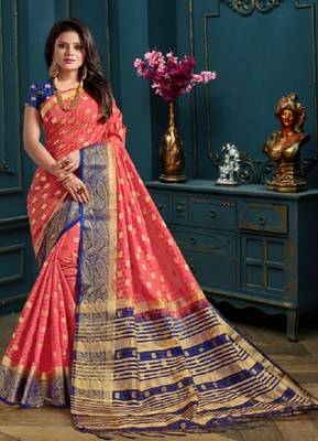 Peach Woven Kanjivaram Silk Saree With Blouse 1