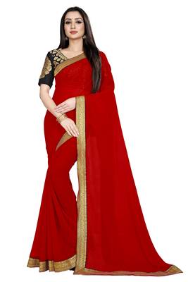 Red printed chiffon saree with blouse 1