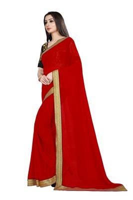 Red printed chiffon saree with blouse 2