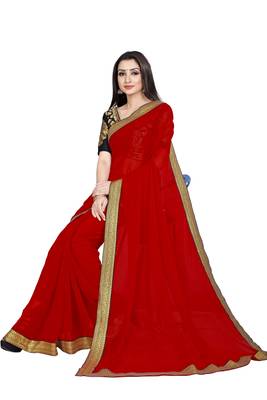 Red printed chiffon saree with blouse 4