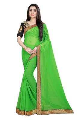 Green printed chiffon saree with blouse 1