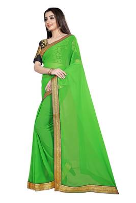 Green printed chiffon saree with blouse 2