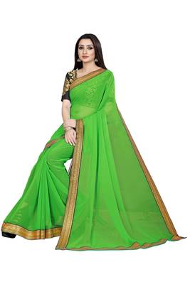 Green printed chiffon saree with blouse 4
