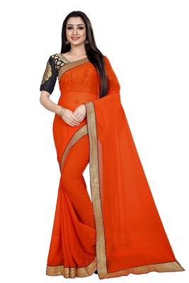 Orange printed chiffon saree with blouse 1