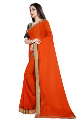Orange printed chiffon saree with blouse 2