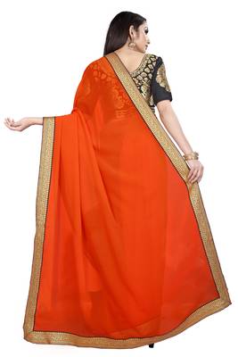 Orange printed chiffon saree with blouse 3