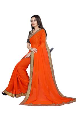 Orange printed chiffon saree with blouse 4