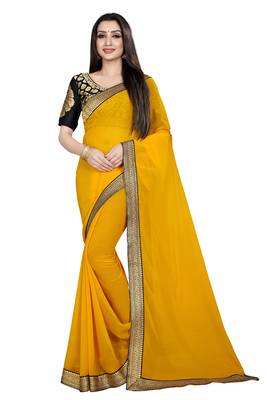 Yellow printed chiffon saree with blouse 1