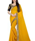 Yellow printed chiffon saree with blouse
