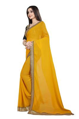 Yellow printed chiffon saree with blouse 2