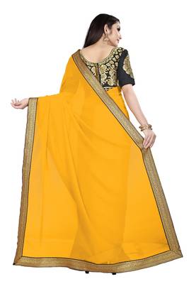 Yellow printed chiffon saree with blouse 3