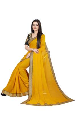 Yellow printed chiffon saree with blouse 4