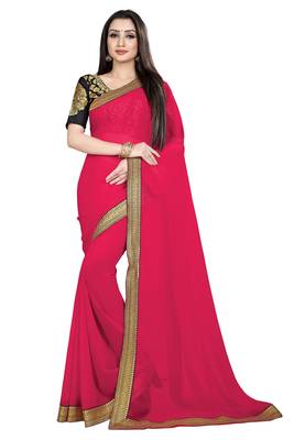 Pink printed chiffon saree with blouse 1