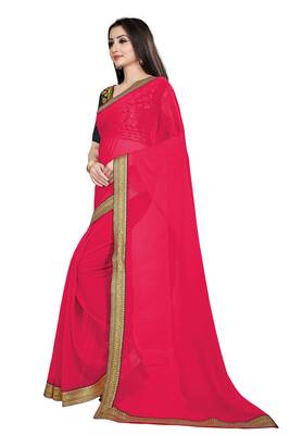 Pink printed chiffon saree with blouse 2