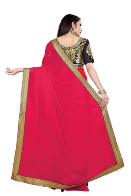 Pink printed chiffon saree with blouse 3