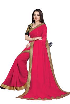 Pink printed chiffon saree with blouse 4