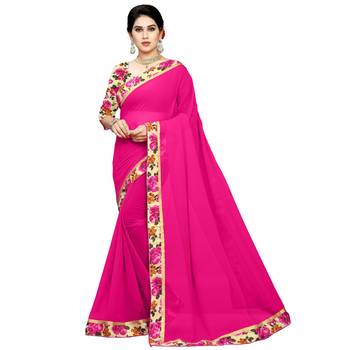 Pink printed chiffon saree with blouse 1