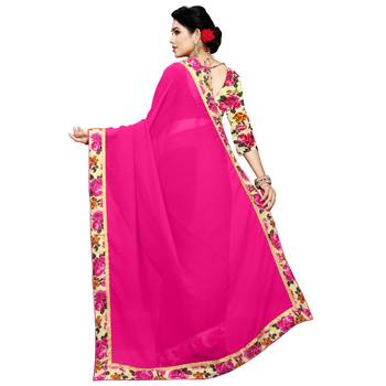 Pink printed chiffon saree with blouse 3