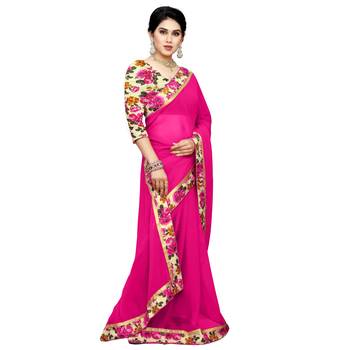 Pink printed chiffon saree with blouse 4