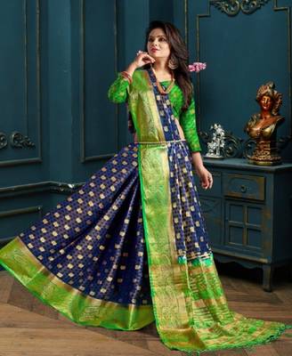 Blue Woven Kanjivaram Silk Saree With Blouse 1