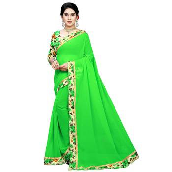 Green printed chiffon saree with blouse 1
