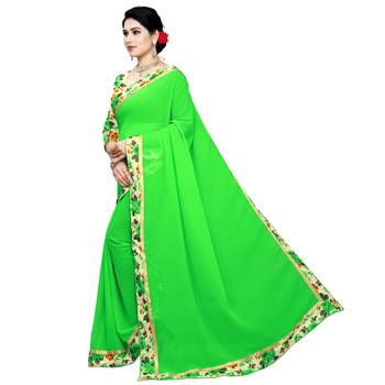 Green printed chiffon saree with blouse 2