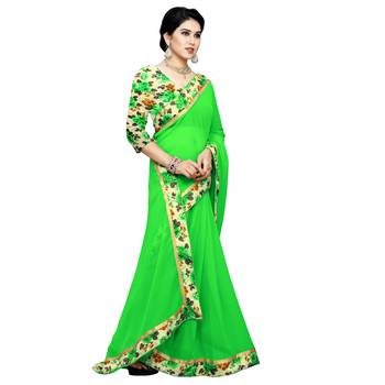 Green printed chiffon saree with blouse 4