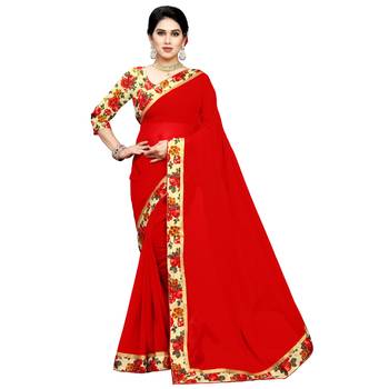 Red printed chiffon saree with blouse 1