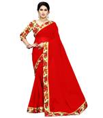 Red printed chiffon saree with blouse