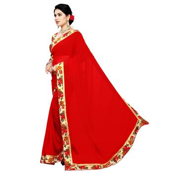 Red printed chiffon saree with blouse 2