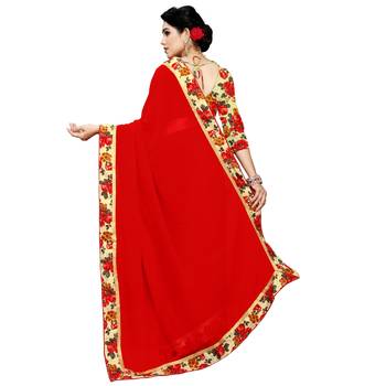 Red printed chiffon saree with blouse 3