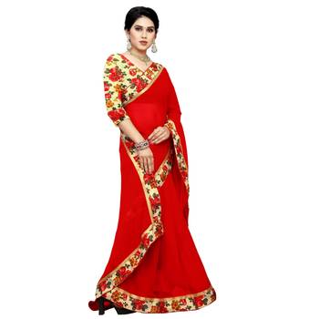 Red printed chiffon saree with blouse 4
