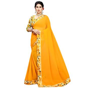 Yellow printed chiffon saree with blouse 1