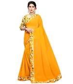 Yellow printed chiffon saree with blouse