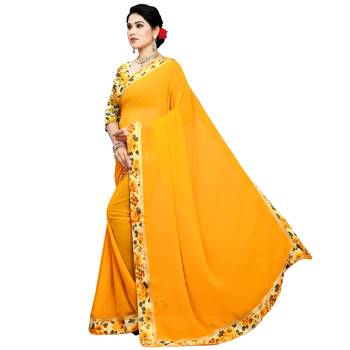Yellow printed chiffon saree with blouse 2