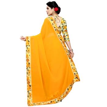 Yellow printed chiffon saree with blouse 3