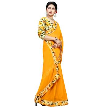 Yellow printed chiffon saree with blouse 4