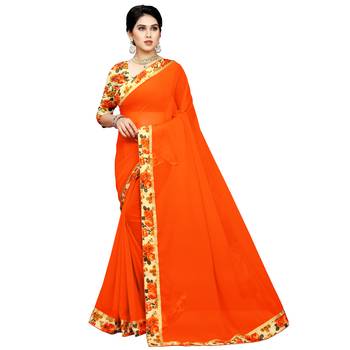 Orange printed chiffon saree with blouse 1
