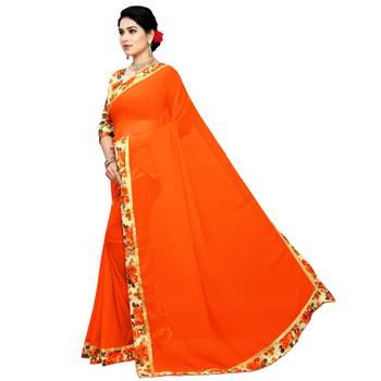 Orange printed chiffon saree with blouse 2