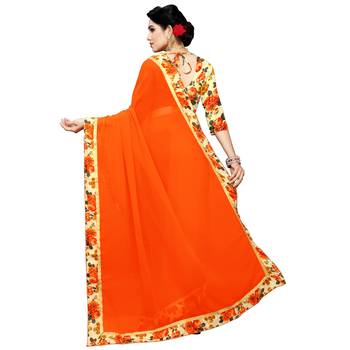 Orange printed chiffon saree with blouse 3