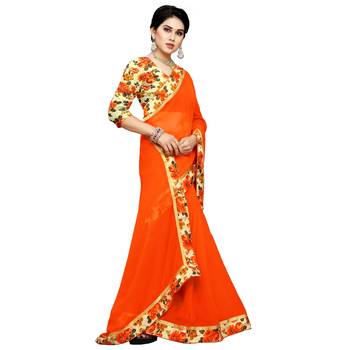 Orange printed chiffon saree with blouse 4