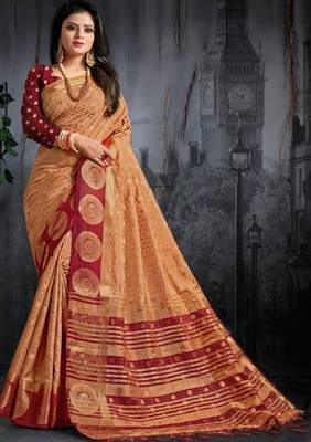 Chiku Woven Kanjivaram Silk Saree With Blouse 1