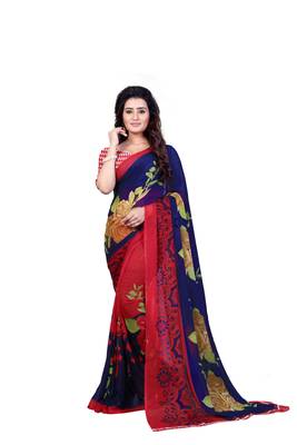 Blue printed georgette saree with blouse 1