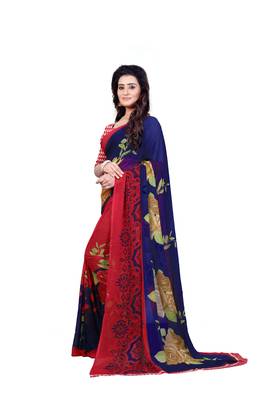 Blue printed georgette saree with blouse 2